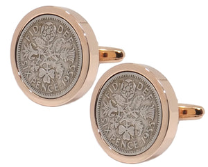 1955 Sixpence Coins Hand Set in a Rose Gold plate Setting Mens Gift Cuff Links by CUFFLINKS DIRECT
