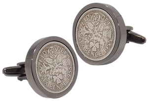 1955 Sixpence Coins Hand Set in a Gun Metal plate Setting Mens Gift Cuff Links by CUFFLINKS DIRECT