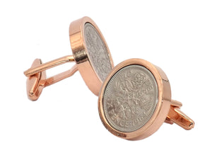 1964 Sixpence Coins Hand Set in a Rose Gold plate Setting Mens Gift Cuff Links by CUFFLINKS DIRECT