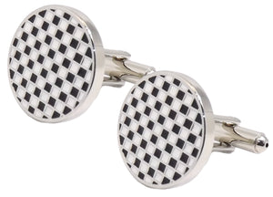 Silver Black and White Check Circular Enamel Gift Cufflinks by CUFFLINKS DIRECT