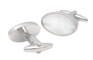 Oval White Mother of Pearl in Silver colour Setting Mens Gift by CUFFLINKS DIRECT