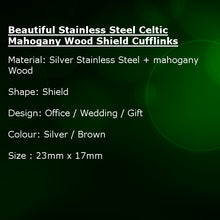 Beautiful Stainless Steel Celtic Mahogany Wood Shield Cufflinks