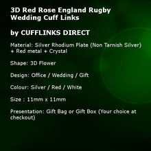 3D Red Rose & Crystal England Rugby Wedding Cuff Links By CUFFLINKS.DIRECT