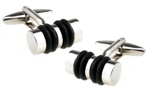 Simple Silver Cylinder Cuff links with black Rubber detail by CUFFLINKS.DIRECT