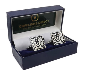black and silver artistic leaf design square mans Cuff links by CUFFLINKS DIRECT