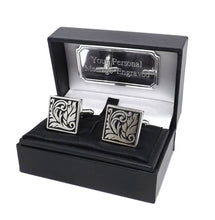 black and silver artistic leaf design square mans Cuff links by CUFFLINKS DIRECT
