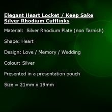 Elegant Heart Locket / Keep Sake Silver Rhodium Wedding Cufflinks