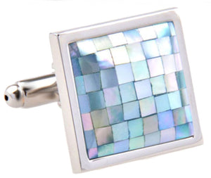 Square Blue Mother of Pearl MOP Shell Mosaic Shirt Cuff links - CUFFLINKS.DIRECT