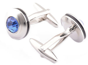Modern Stunning Silver Round Cufflinks With Bright Blue Stone by CUFFLINKS DIRECT