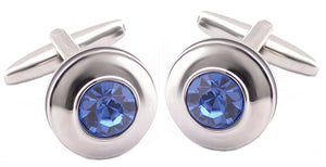 Modern Stunning Silver Round Cufflinks With Bright Blue Stone by CUFFLINKS DIRECT
