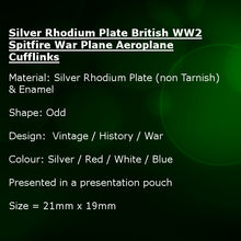 Silver Colour British WW2 RAF Spitfire War Plane Aeroplane Cufflinks