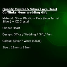 Quality Crystal & Silver Love Heart Cufflinks Mens wedding Gift