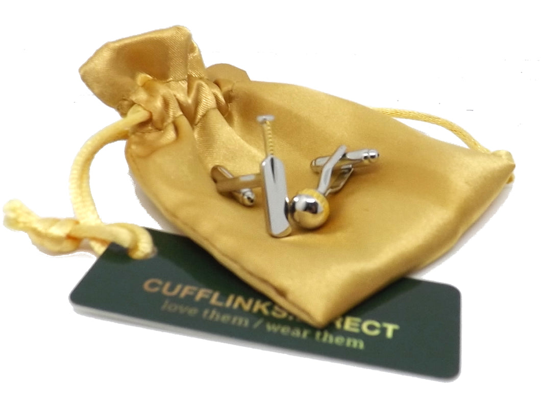 CRICKET BAT & BALL Silver & Gold Cufflinks Gift Wedding Favor - CUFFLINKS DIRECT