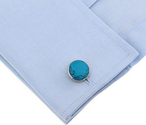 Elegant & Beautiful Turquoise Aqua Round Gem Stone Cufflinks