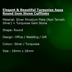 Elegant & Beautiful Turquoise Aqua Round Gem Stone Cufflinks