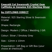 Emerald Cut Swarovski Crystal Gem Cufflinks set in Genuine Fine 925 Sterling Silver