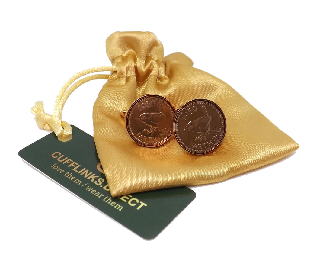 1950 Farthing Coins Set in a Rose Gold Plate Setting Mens Gift Cuff Links by CUFFLINKS DIRECT