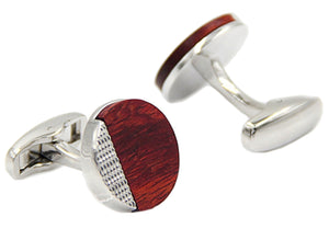 Luxury Round Red wood & Silver Mens Wedding Gift Cuff links  by CUFFLINKS DIRECT