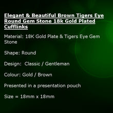 Elegant & Beautiful Brown Tigers Eye Round Gem Stone 18k Gold Plated Cufflinks