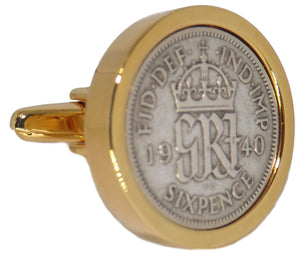 1940 Sixpence Coins Set in a 9ct Gold Plate Setting Mens Gift by CUFFLINKS DIRECT