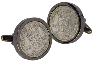 1940 Sixpence Coins Set in a Gun Metal Setting Mens Gift by CUFFLINKS DIRECT