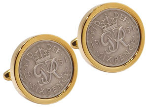 1951 Sixpence Coins Hand Set in a 9ct Gold plate Setting Mens Gift Cuff Links by CUFFLINKS DIRECT
