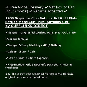 1954 Sixpence Coins Hand Set in a 9ct Gold plate Setting Mens Gift Cuff Links by CUFFLINKS DIRECT
