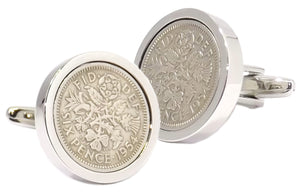 1954 Sixpence Coins Set in a Silver plate Mens 64 Years Cuff Links 