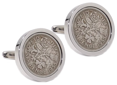1955 Sixpence Coins Hand Set in a Silver plate Setting Mens Gift Cuff Links by CUFFLINKS DIRECT