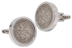1955 Sixpence Coins Hand Set in a Silver plate Setting Mens Gift Cuff Links by CUFFLINKS DIRECT