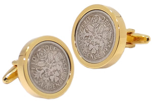 1955 Sixpence Coins Hand Set in a 9ct Gold plate Setting Mens Gift Cuff Links by CUFFLINKS DIRECT