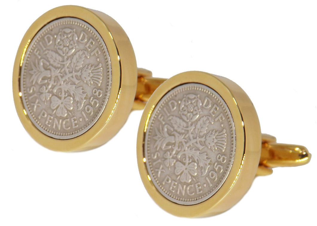 1958 Sixpence Coins Hand Set in a 9ct Gold plate Setting Mens Gift Cuff Links by CUFFLINKS DIRECT