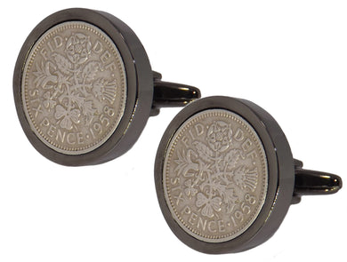 1958 Sixpence Coins Hand Set in a Gun Metal plate Setting Mens Gift Cuff Links by CUFFLINKS DIRECT