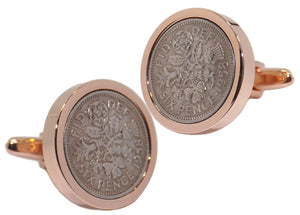 1958 Sixpence Coins Hand Set in a Rose Gold plate Setting Mens Gift Cuff Links by CUFFLINKS DIRECT