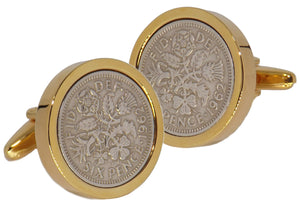 1962 Sixpence Coins Hand Set in a Yellow Gold plate Setting Mens Gift Cuff Links by CUFFLINKS DIRECT