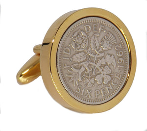 1962 Sixpence Coins Hand Set in a Yellow Gold plate Setting Mens Gift Cuff Links by CUFFLINKS DIRECT