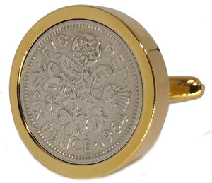 1964 Sixpence Coins Hand Set in a Yellow Gold plate Setting Mens Gift Cuff Links by CUFFLINKS DIRECT