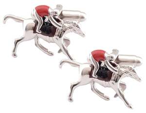 3D Silver Race Horse and Red Jockey Cufflinks (Ascot Aintree Racing) by CUFFLINKS DIRECT