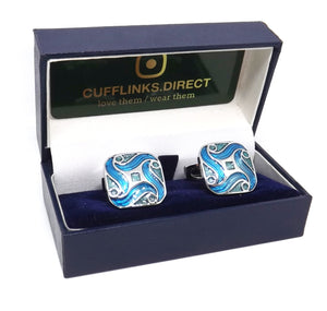 Aqua Turquoise Blue Enamel Swirl Design Mens Wedding Gift Cuff links by CUFFLINKS DIRECT