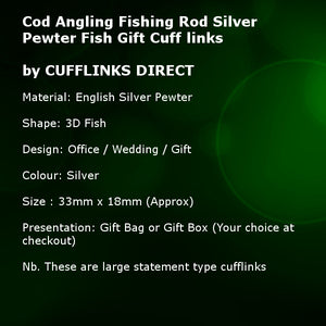 Cod Angling Fishing Rod Silver Pewter Fish Gift Cuff links By CUFFLINKS.DIRECT