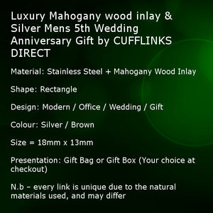 Luxury Mahogany wood inlay & Silver Mens 5th Wedding Anniversary Gift Cuff Links by CUFFLINKS DIRECT