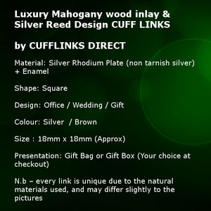 Luxury Mahogany wood inlay & Silver Reed Design Mens Wedding Gift CUFFLINKS